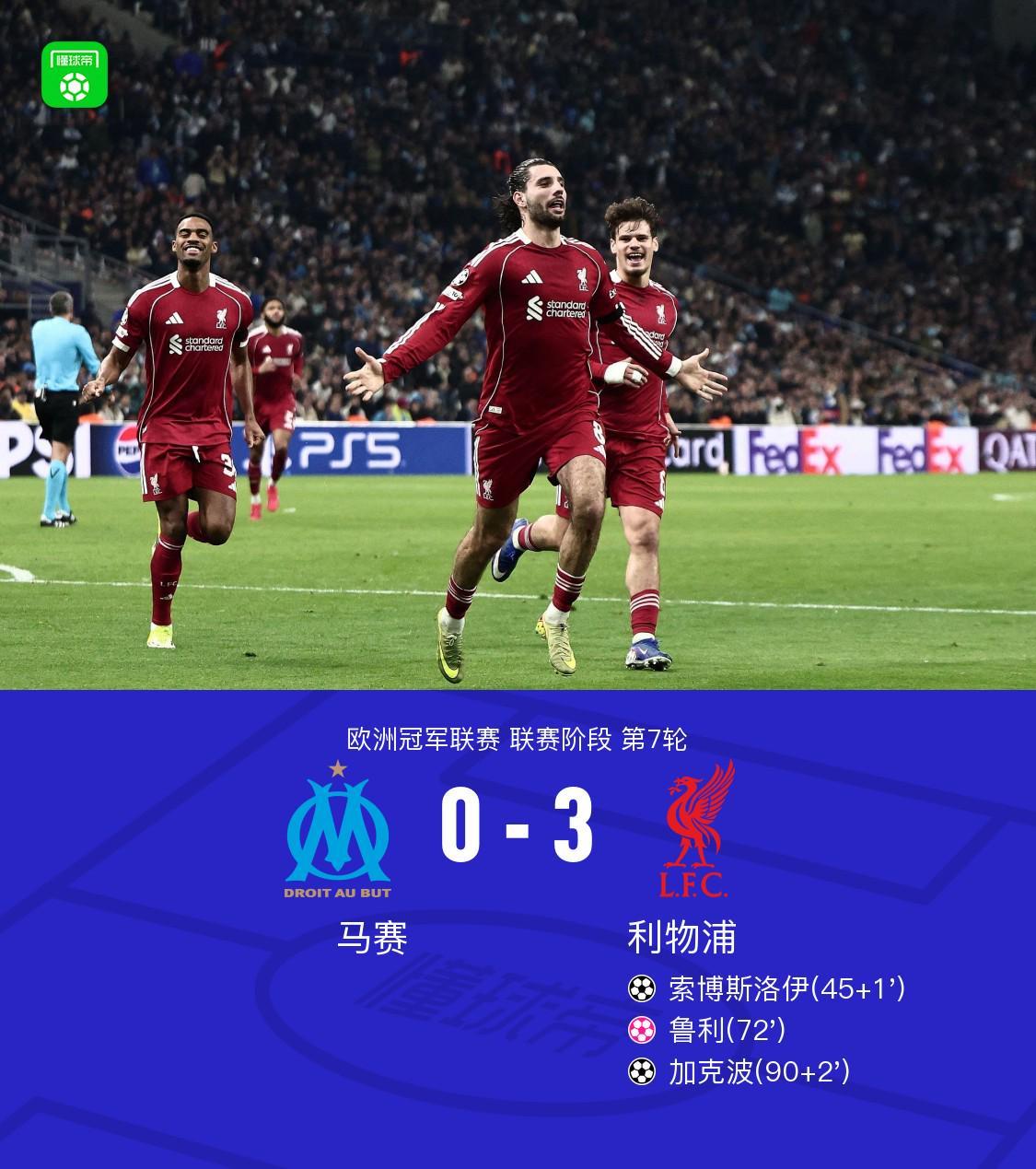 开云体育APP-XbotGo丨利物浦3-0马赛，索博任意球贴地斩，加克波破门